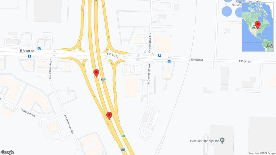 A detailed map that shows the affected road due to 'Broken down vehicle on southbound I-435 in Kansas City' on August 22nd at 4:10 p.m.