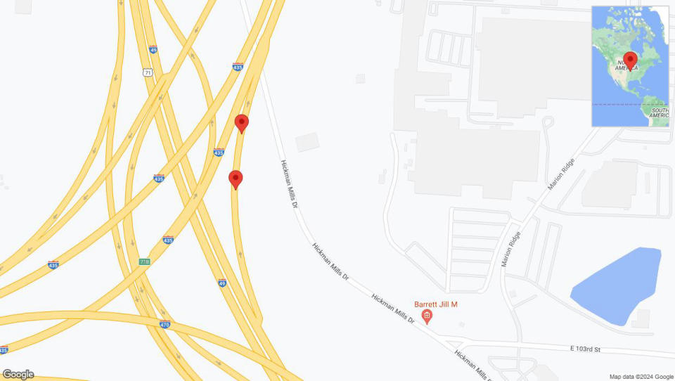 A detailed map that shows the affected road due to 'Broken down vehicle on Hickman Mills Drive in Kansas City' on August 22nd at 5:34 p.m.