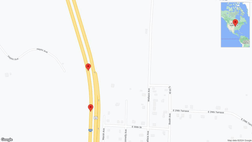 A detailed map that shows the affected road due to 'Reports of a crash on southbound I-435' on August 22nd at 4:52 p.m.