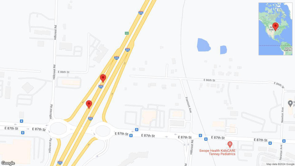 A detailed map that shows the affected road due to 'Broken down vehicle on southbound I-435 in Kansas City' on August 22nd at 3:10 p.m.