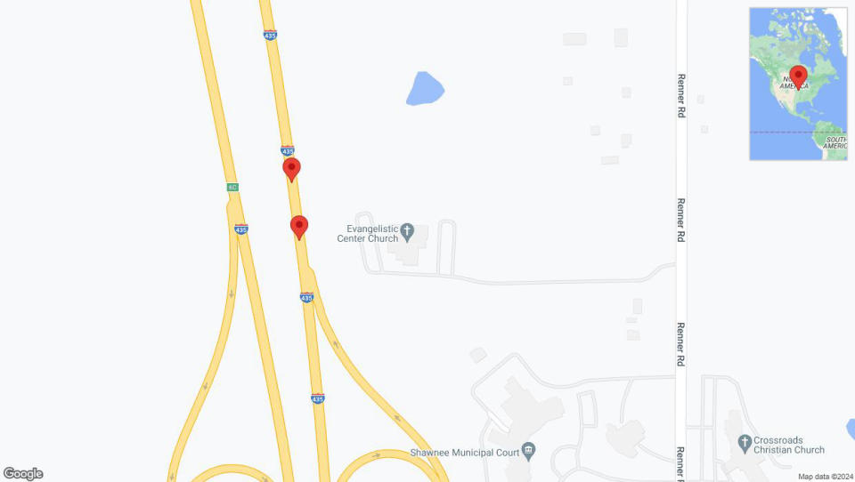 A detailed map that shows the affected road due to 'Broken down vehicle on northbound I-435 in Shawnee' on August 22nd at 2:04 p.m.