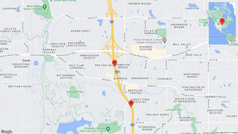 A detailed map that shows the affected road due to 'Lane on I-435 closed in Shawnee' on August 22nd at 1:52 p.m.