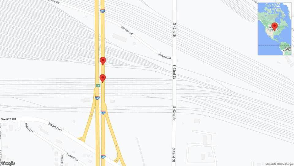 A detailed map that shows the affected road due to 'Broken down vehicle on northbound I-635 in Kansas City' on August 22nd at 6:34 p.m.