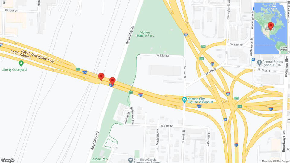 A detailed map that shows the affected road due to 'Broken down vehicle on eastbound I-670 in Kansas City' on August 22nd at 3:52 p.m.