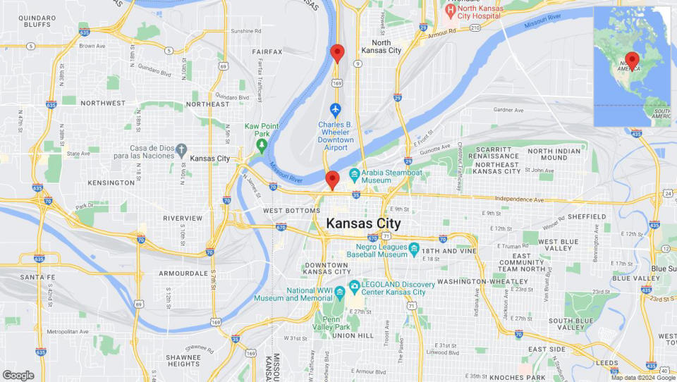 A detailed map that shows the affected road due to 'US-169 North: bridge closed from I-70/I-35/US-40/US-24 to MO-9' on August 22nd at 11:16 p.m.