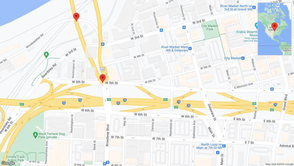 A detailed map that shows the affected road due to 'US-169 North: bridge closed between I-70/I-35/US-40/US-24 and The Downtown Airport' on August 22nd at 10:04 p.m.