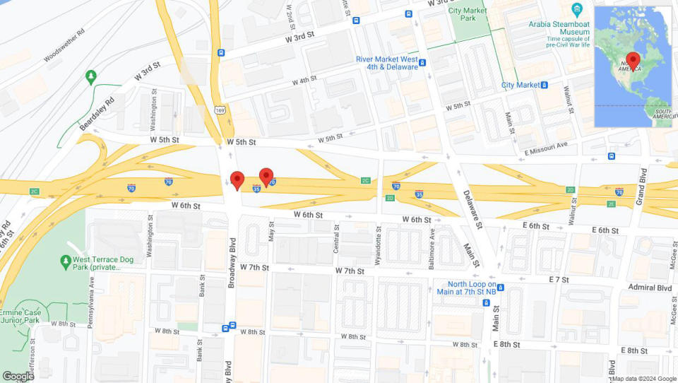 A detailed map that shows the affected road due to 'Broken down vehicle on northbound I-35 in Kansas City' on August 22nd at 2:04 p.m.