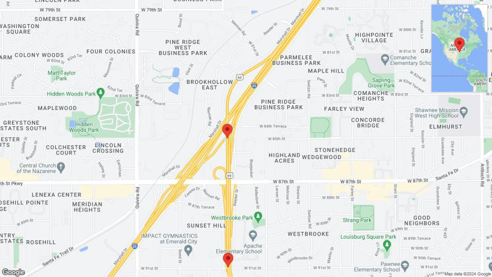 A detailed map that shows the affected road due to 'Lenexa: US-69 closed' on August 22nd at 9:52 p.m.