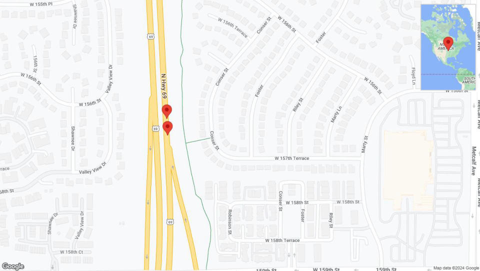 A detailed map that shows the affected road due to 'Broken down vehicle on northbound US-69 in Overland Park' on August 22nd at 8:40 p.m.