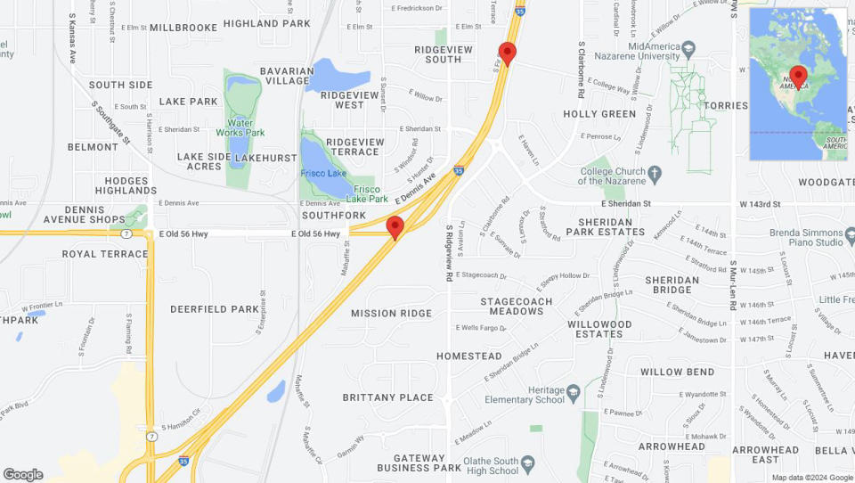 A detailed map that shows the affected road due to 'Warning in Olathe: Crash reported on eastbound I-35' on August 22nd at 4:34 p.m.