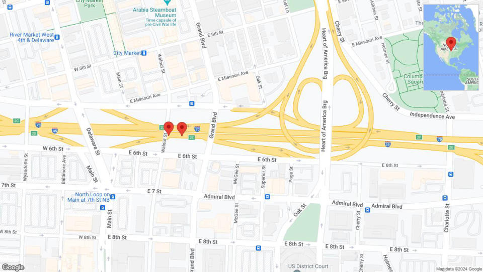 A detailed map that shows the affected road due to 'Broken down vehicle on eastbound I-70/I-35 in Kansas City' on August 22nd at 12:22 p.m.