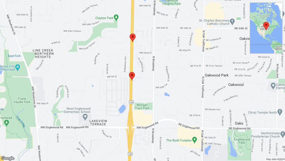 A detailed map that shows the affected road due to 'Broken down vehicle on northbound US-169 in Kansas City' on August 22nd at 12:10 p.m.