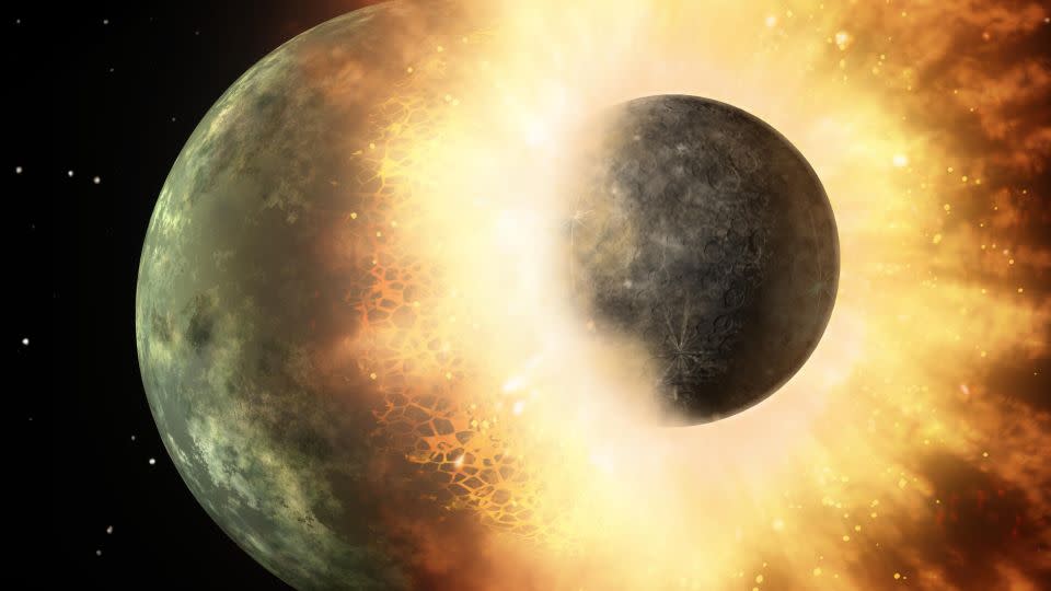 An artist's concept shows a celestial body about the size of our moon slamming at great speed into a body the size of Mercury. Scientists think that a Mars-size body crashed into Earth and that the molten debris flung into space formed the moon. - NASA