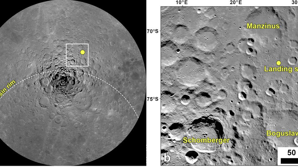 A polar mosaic image shows the Chandrayaan-3 landing site, including Shiv Shakti Point (left) and a zoomed-in view around the landing site revealing nearby craters (right). - APXSPOC, PRL