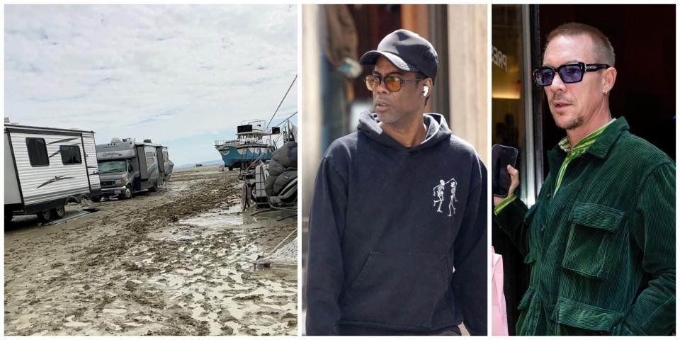 The muddy scene at Burning Man, left. Chris Rock, center. Diplo, right.