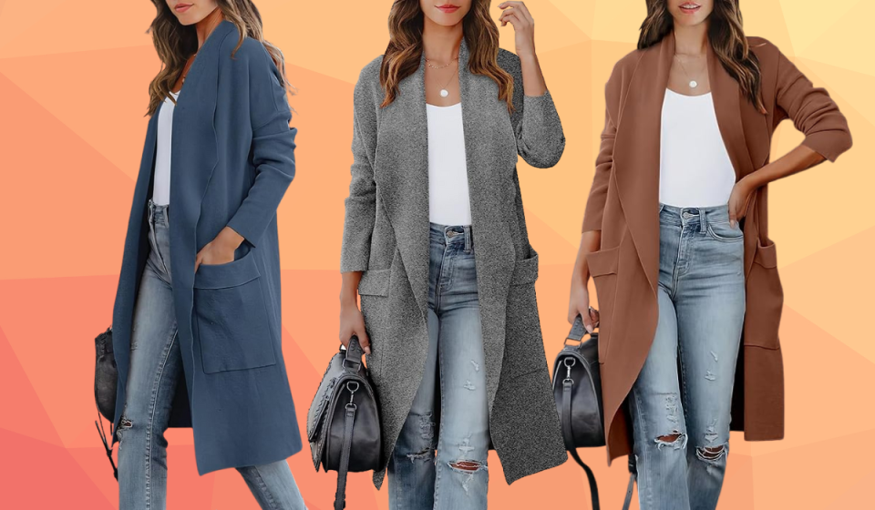 woman wearing cardigan jacket in 3 shades