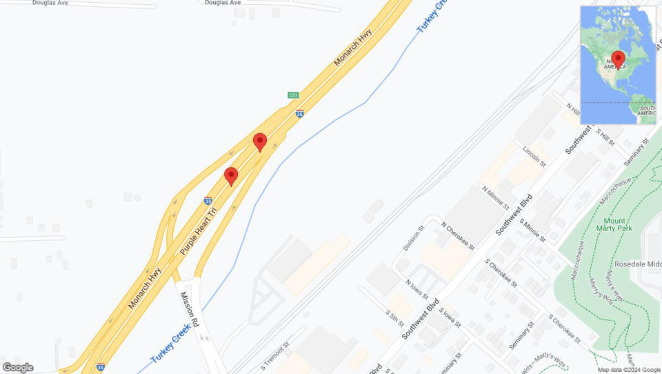 A detailed map that shows the affected road due to 'Broken down vehicle on northbound I-35 in Kansas City' on August 24th at 6:11 p.m.