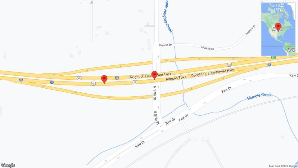 A detailed map that shows the affected road due to 'Broken down vehicle on eastbound I-70 in Kansas City' on August 24th at 11:11 p.m.