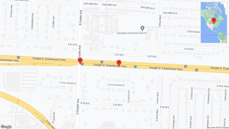 A detailed map that shows the affected road due to 'Broken down vehicle on eastbound I-70 in Independence' on August 24th at 10:17 p.m.