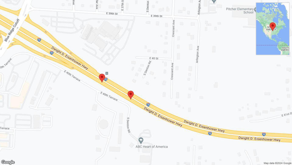 A detailed map that shows the affected road due to 'Broken down vehicle on eastbound I-70 in Kansas City' on August 24th at 6:59 p.m.