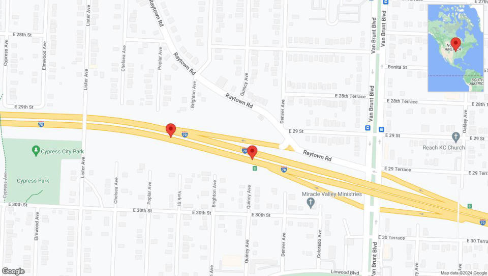 A detailed map that shows the affected road due to 'Broken down vehicle on eastbound I-70 in Kansas City' on August 24th at 2:18 p.m.