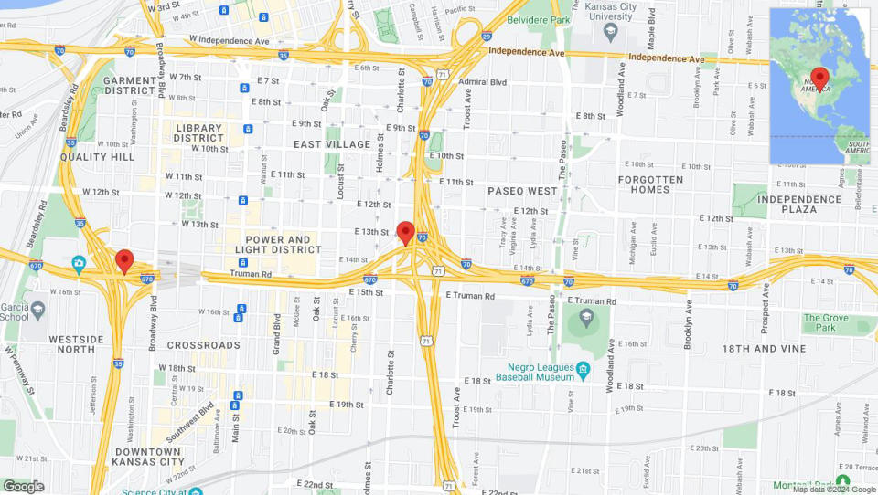 A detailed map that shows the affected road due to 'Incident on westbound I-670 in Kansas City' on August 24th at 4:29 p.m.