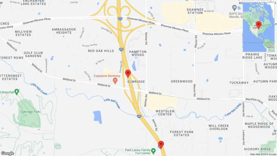 A detailed map that shows the affected road due to 'Lane on I-435 closed in Shawnee' on August 24th at 10:59 p.m.