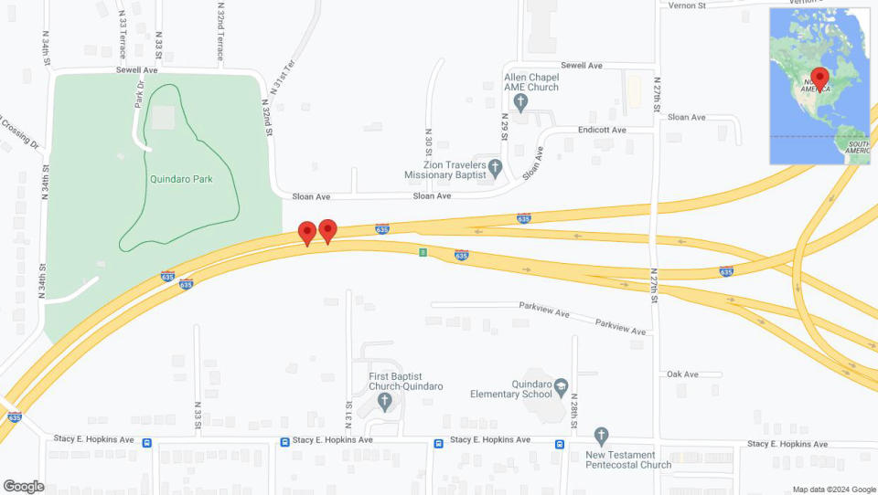 A detailed map that shows the affected road due to 'Broken down vehicle on northbound I-635 in Kansas City' on August 24th at 6:35 p.m.