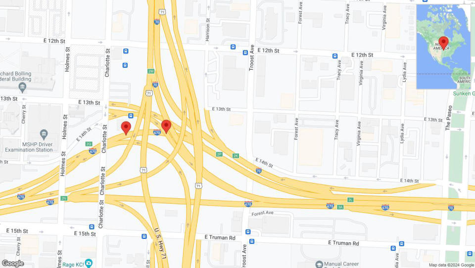 A detailed map that shows the affected road due to 'Incident on westbound I-670 West in Kansas City' on August 24th at 4:29 p.m.