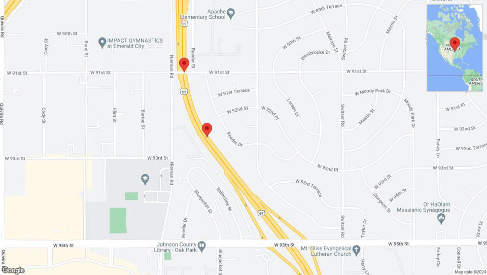 A detailed map that shows the affected road due to 'Broken down vehicle on northbound US-69 in Overland Park' on August 24th at 11:29 p.m.