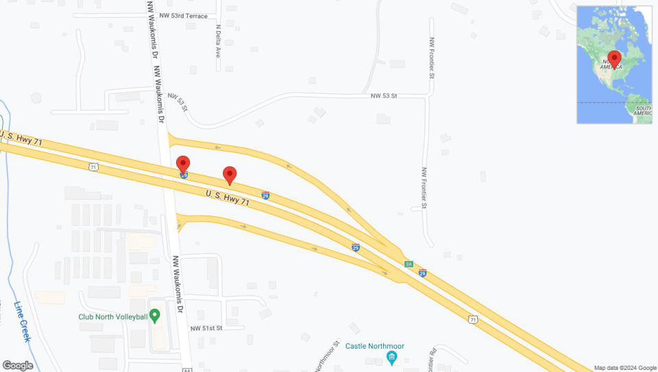 A detailed map that shows the affected road due to 'Broken down vehicle on northbound I-29 in Kansas City' on August 24th at 4:47 p.m.