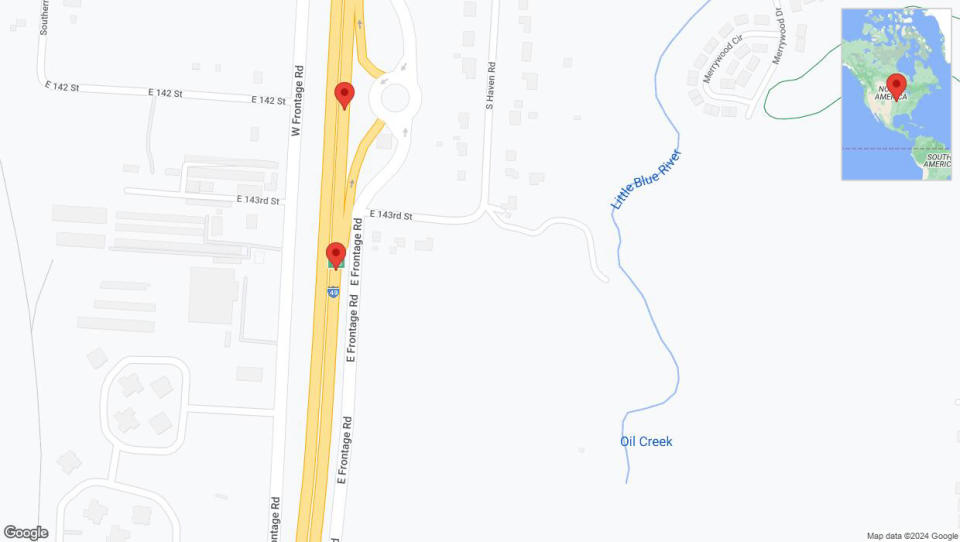 A detailed map that shows the affected road due to 'Broken down vehicle on northbound I-40/US-71 in Grandview' on August 24th at 4:29 p.m.