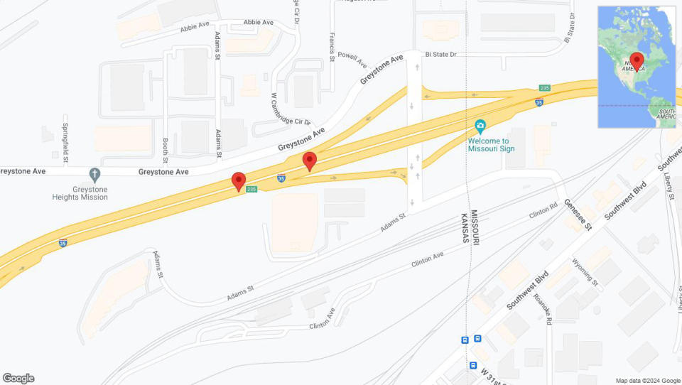 A detailed map that shows the affected road due to 'A crash has been reported on northbound I-35' on August 24th at 1:56 p.m.