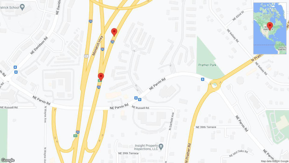 A detailed map that shows the affected road due to 'Broken down vehicle on northbound I-35 North in Kansas City' on August 25th at 9:37 p.m.