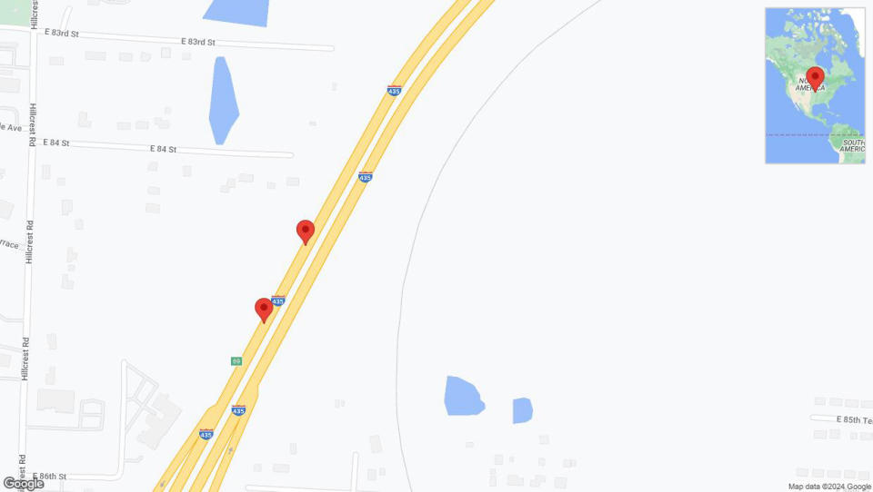 A detailed map that shows the affected road due to 'Broken down vehicle on southbound I-435 in Kansas City' on August 25th at 12:25 p.m.