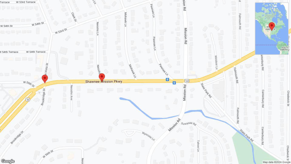 A detailed map that shows the affected road due to 'US-169/Shawnee Mission Parkway/US-56 temporarily closed in Fairway' on August 25th at 8:43 p.m.