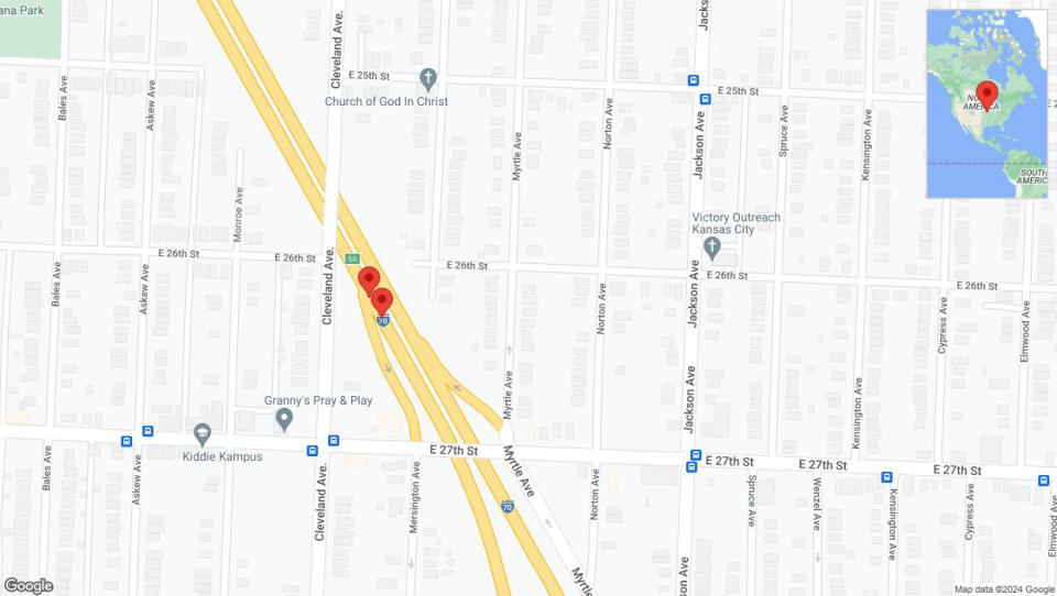 A detailed map that shows the affected road due to 'Broken down vehicle on eastbound I-70 in Kansas City' on August 25th at 7:43 p.m.