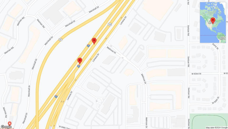 A detailed map that shows the affected road due to 'Crash reported on eastbound I-35 in Lenexa' on August 25th at 2:49 p.m.