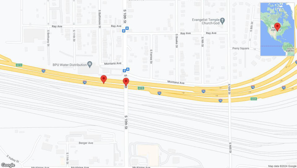 A detailed map that shows the affected road due to 'Broken down vehicle on eastbound I-70 in Kansas City' on August 25th at 3:49 p.m.