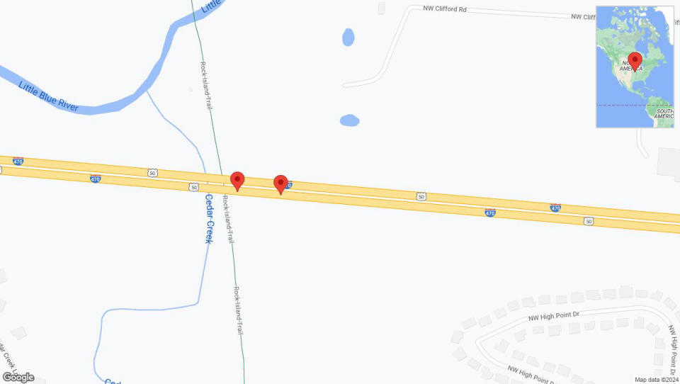 A detailed map that shows the affected road due to 'Broken down vehicle on eastbound I-470 in Lee's Summit' on August 25th at 2:49 p.m.