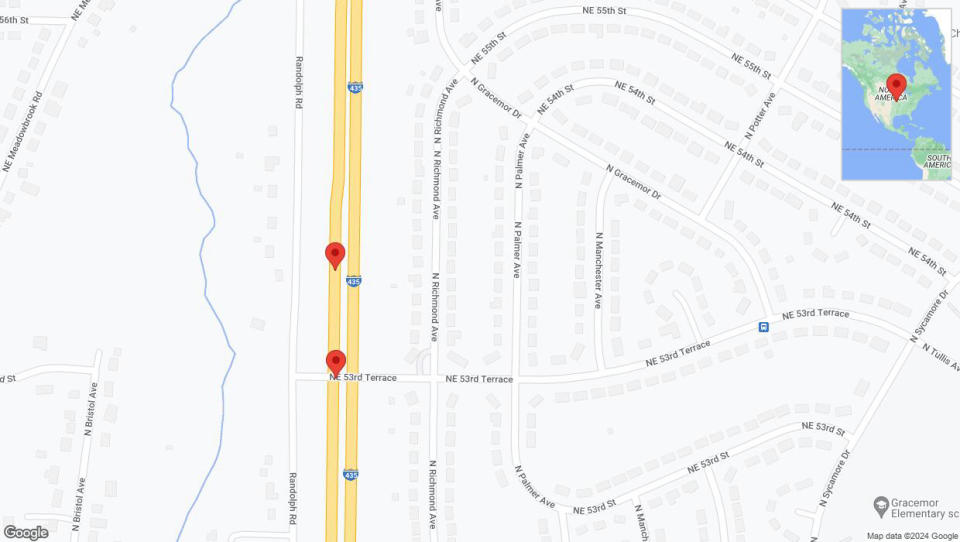 A detailed map that shows the affected road due to 'Broken down vehicle on southbound I-435 in Kansas City' on August 25th at 2:49 p.m.