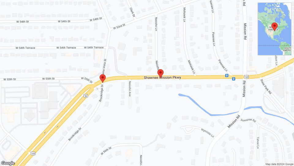 A detailed map that shows the affected road due to 'US-169/Shawnee Mission Parkway/US-56 closed in Fairway' on August 25th at 8:31 p.m.