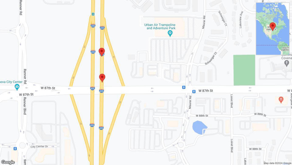 A detailed map that shows the affected road due to 'Broken down vehicle on northbound I-435 in Lenexa' on August 25th at 2:49 p.m.