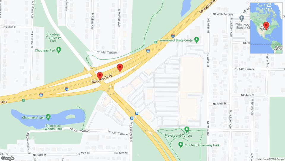 A detailed map that shows the affected road due to 'Broken down vehicle on northbound I-35 in Kansas City' on August 26th at 10:26 p.m.