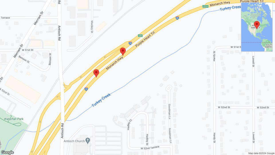 A detailed map that shows the affected road due to 'Broken down vehicle on northbound I-35 in Overland Park' on August 26th at 7:50 p.m.