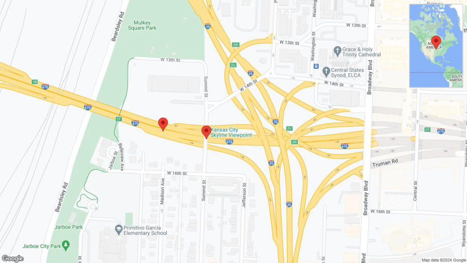 A detailed map that shows the affected road due to 'Broken down vehicle on eastbound I-670 in Kansas City' on August 26th at 8:56 p.m.