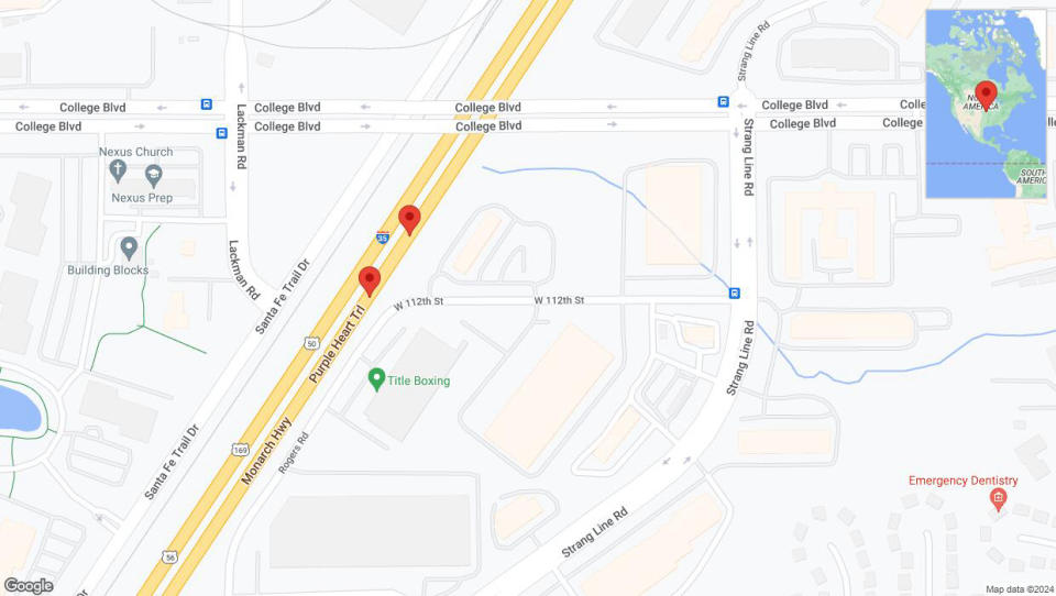 A detailed map that shows the affected road due to 'Broken down vehicle on eastbound I-35 in Lenexa' on August 26th at 6:32 p.m.