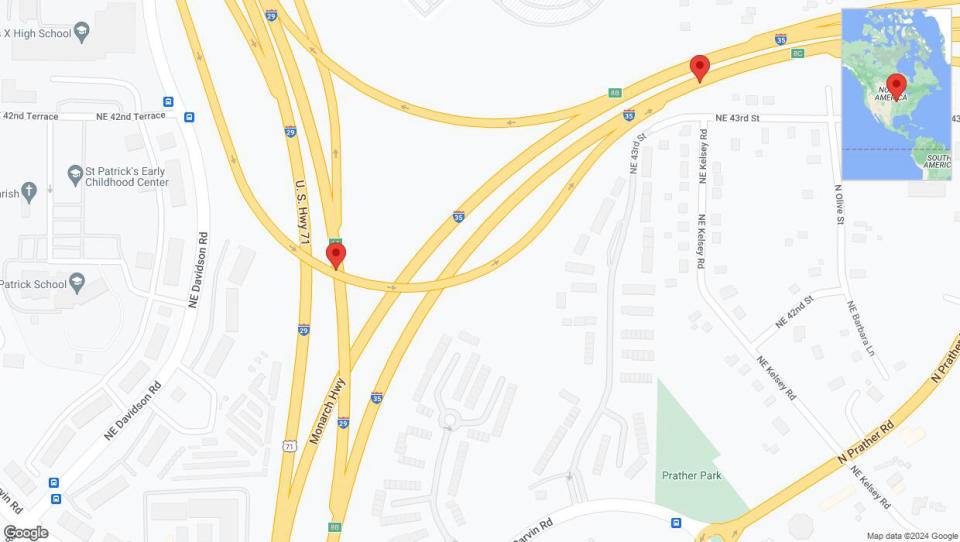 A detailed map that shows the affected road due to 'Crash report: U. S. Highway 71' on August 26th at 4:44 p.m.