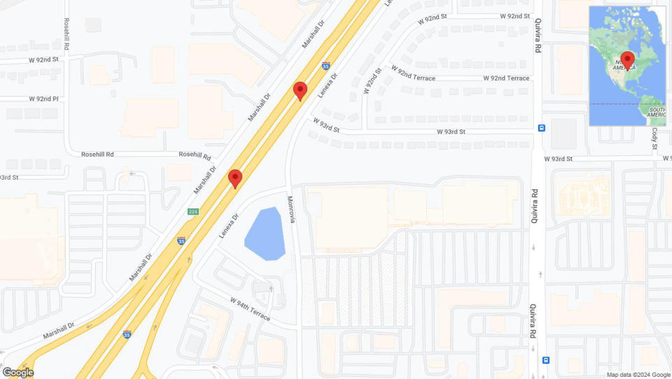 A detailed map that shows the affected road due to 'Broken down vehicle on eastbound I-35 in Lenexa' on August 26th at 4:32 p.m.