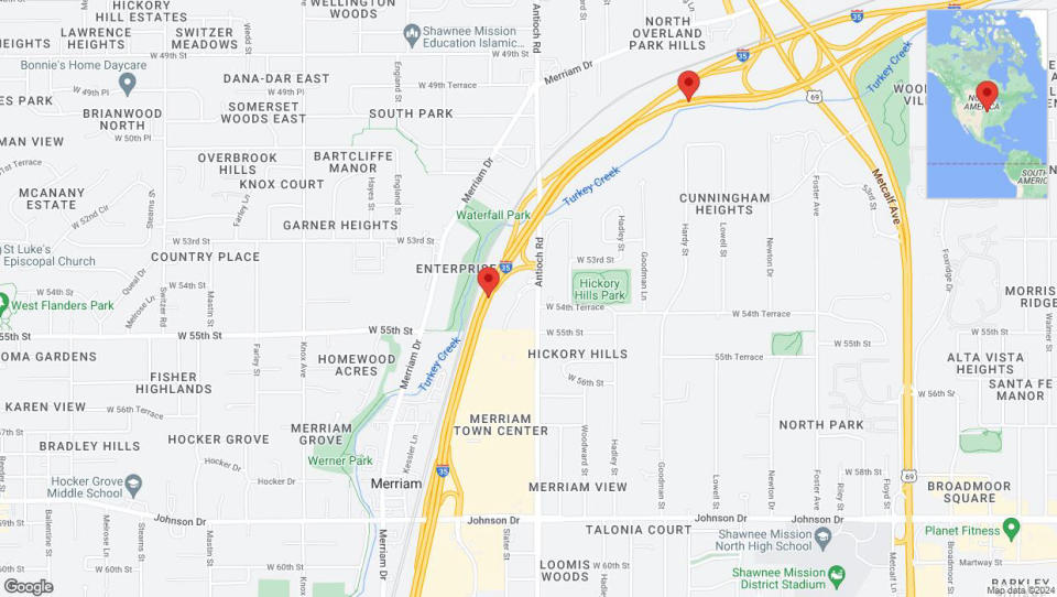 A detailed map that shows the affected road due to 'Warning in Merriam: Crash reported on northbound I-35' on August 26th at 3:38 p.m.